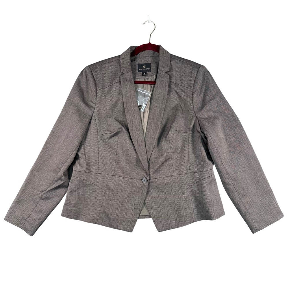 Worthington Gray Herringbone One Button Blazer Office Siren Corporate Core 18